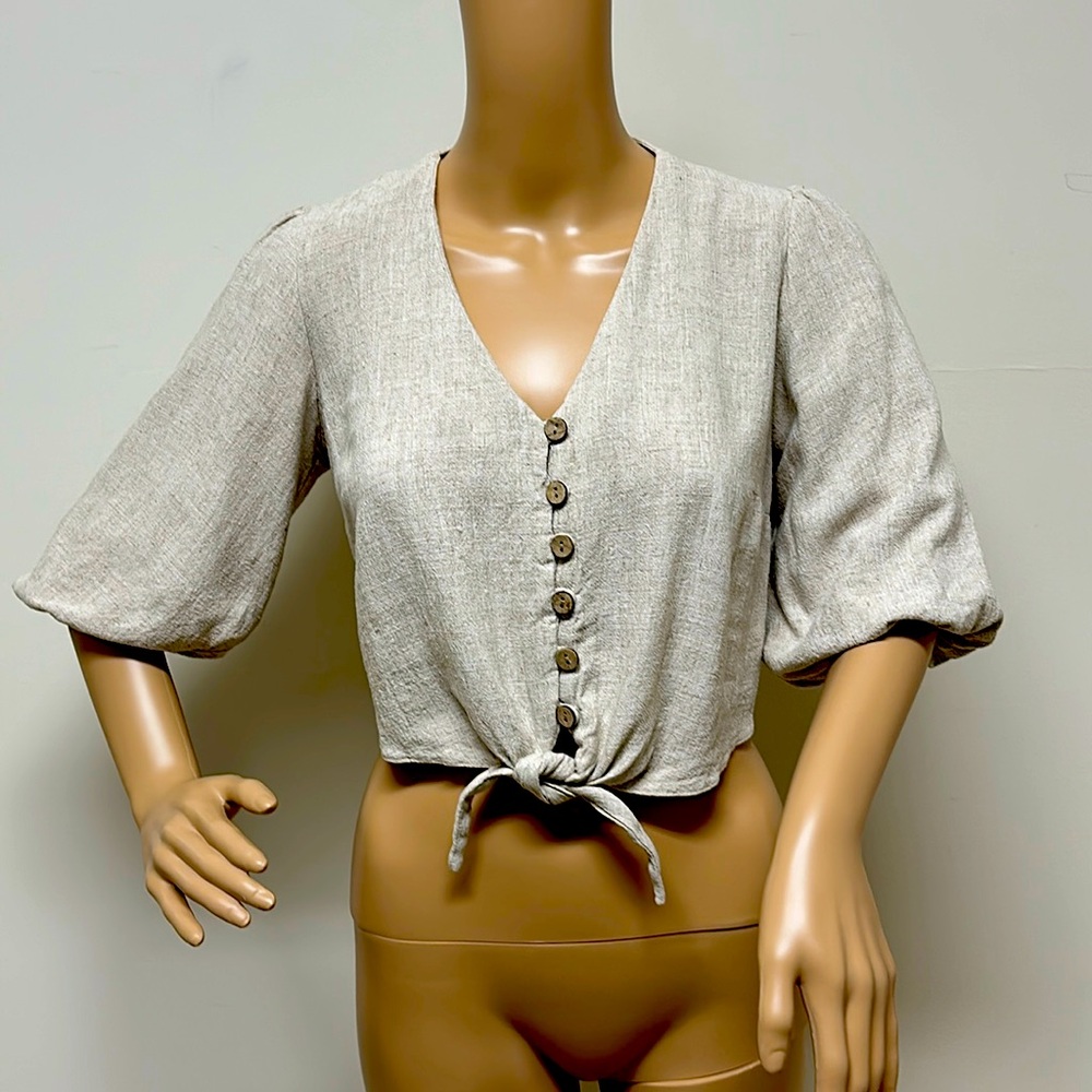 New Look Button & Tie Front Puff Sleeve Cropped Top